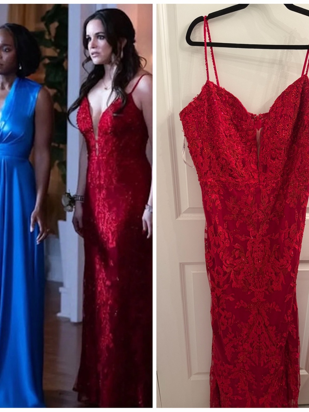 Mac Duggal Red Lace Sequin Spaghetti Strap Evening Gown